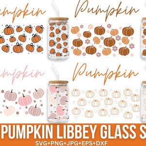 Puede incluir: Cuatro diseños digitales de vasos de vidrio Libbey con temática de calabaza. Cada vaso presenta un patrón diferente de calabazas con varios colores y diseños. El texto "Pumpkin" está escrito en la parte superior de cada diseño.