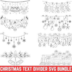 Könnte beinhalten: Ein schwarz-weißes SVG-Bundle mit weihnachtlichen Trennelementen. Die Designs umfassen Rentierköpfe, Glocken, Weihnachtsstrümpfe, Ornamente, Schneeflocken, Zuckerstangen und einen Zug mit Geschenken. Der Text "CHRISTMAS TEXT DIVIDER SVG BUNDLE" steht unten.