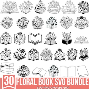 Paquete de libros florales en formato SVG, ratón de biblioteca en formato SVG, libro de lectura en formato SVG, pila de libros en formato SVG, biblioteca en formato SVG, leer un libro bonito, cortar en Cricut, silueta