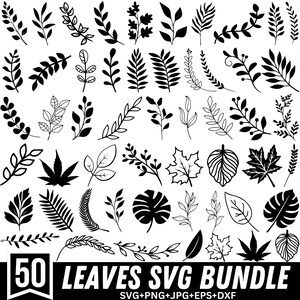Puede incluir: Una colección de 50 diseños de hojas en blanco y negro, con diversas formas y estilos de hojas. La imagen incluye hojas, ramas y elementos botánicos, con el texto "50 LEAVES SVG BUNDLE" en la parte inferior.