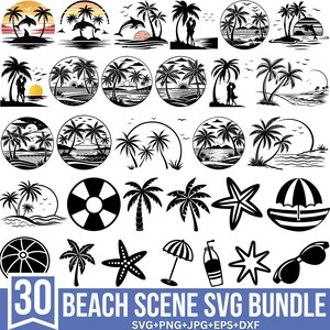 Beach Scene Svg Bundle, Beach Svg, Sunset Beach Svg, Sunset Landscape, Nature Scene, Summer Svg, Tropical Svg, Cut For Cricut, Silhouette