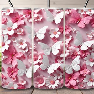 3D roze vlinder bloemen, PNG, 20 oz magere beker, roze rechte bekeromslag. Wrap vlinderbeker, instant digitale download, voor Cricut