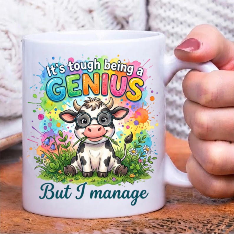 Pode incluir: Uma caneca de cer&acirc;mica branca com um fundo de salpicos de aguarela coloridos e uma vaca desenhada com &oacute;culos redondos. O texto diz It's tough being a GENIUS But I manage. A vaca est&aacute; rodeada por erva verde e pequenas flores.