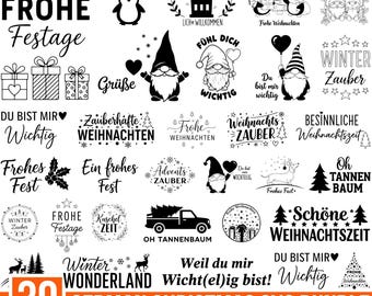 Puede incluir: Un conjunto de 30 diseños SVG navideños alemanes en blanco y negro. Los diseños incluyen frases festivas, gnomos, pingüinos, cajas de regalo y árboles de Navidad. Disponible en formatos SVG, PNG, JPG, EPS y DXF.