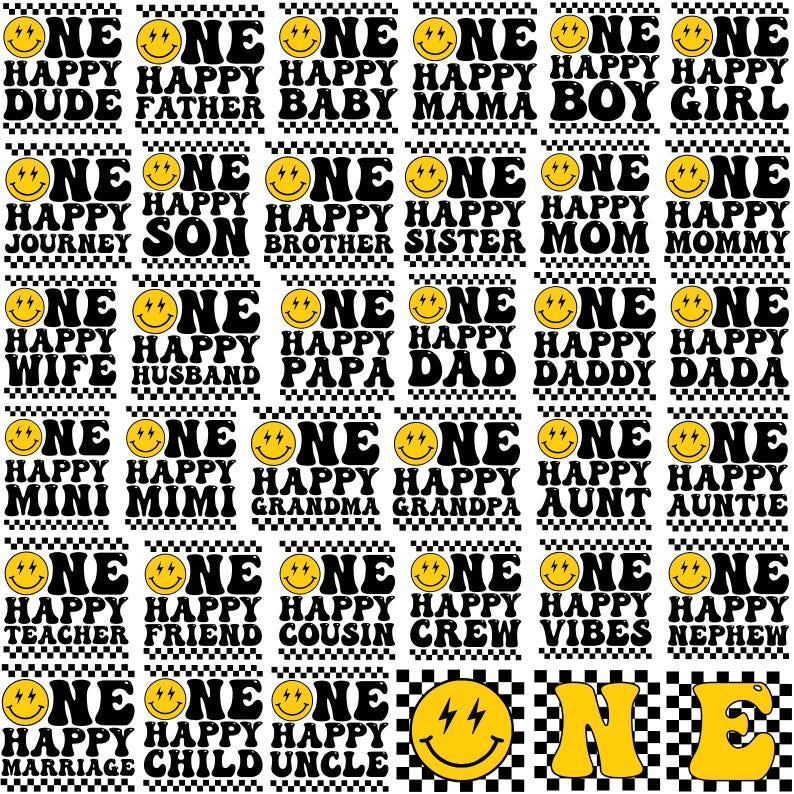 Puede incluir: Un fondo a cuadros negro y amarillo con un patr&oacute;n repetido de una cara sonriente con un rayo y el texto "ONE HAPPY" seguido de una palabra como "DUDE", "FATHER", "BABY", "MAMA", "BOY", "GIRL", "JOURNEY", "SON", "BROTHER", "SISTER", "MOM", "MOMMY", "WIFE", "HUSBAND", "PAPA", "DAD", "DADDY", "DADA", "MINI", "MIMI", "GRANDMA", "GRANDPA", "AUNT", "AUNTIE", "TEACHER", "FRIEND", "COUSIN", "CREW", "VIBES", "NEPHEW", "MARRIAGE", "CHILD", "UNCLE".