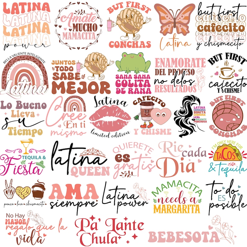 Op de afbeelding: Een verzameling kleurrijke digitale illustraties met tekst in het Spaans en Engels. De illustraties omvatten een verscheidenheid aan thema's, zoals eten, liefde en cultuur. Sommige van de teksten omvatten "Latina Power", "Ama Latina", "But First Cafecito" en "Pa'lante Chula".