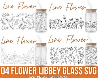 Peut inclure: Quatre motifs floraux en noir et blanc en ligne pour un verre Libbey. Les motifs comprennent une bordure florale, un motif floral, un motif floral dispersé et un motif floral avec un papillon. Le texte "Line Flower" et "04 FLOWER LIBBEY GLASS SVG" sont également inclus dans l'image.