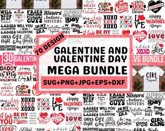 Op de afbeelding: Een digitale download van 70 Valentijnsdag- en Galentine-dag-SVG-ontwerpen. De ontwerpen bevatten een verscheidenheid aan zinnen en afbeeldingen, waaronder "Daddy is My Valentine", "Happy Valentine's Day", "Galentine's Day Squad", "Girls Rule", "Love" en "XOXO".