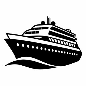 Puede incluir: Una ilustración en blanco y negro de un crucero navegando sobre una ola. El barco tiene varias cubiertas y ojos de buey.