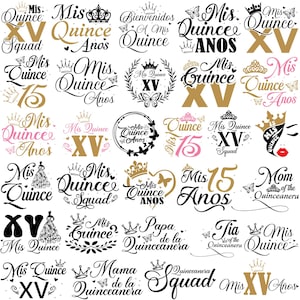 K&ouml;nnte beinhalten: Eine Sammlung verschiedener "Mis Quince" Designs in Gold, Schwarz und Rosa. Die Designs beinhalten Kronen, Schmetterlinge und die Zahl 15, passend f&uuml;r Quincea&ntilde;era-Feiern. Text beinhaltet "Squad", "Anos" und "Bienvenidos".