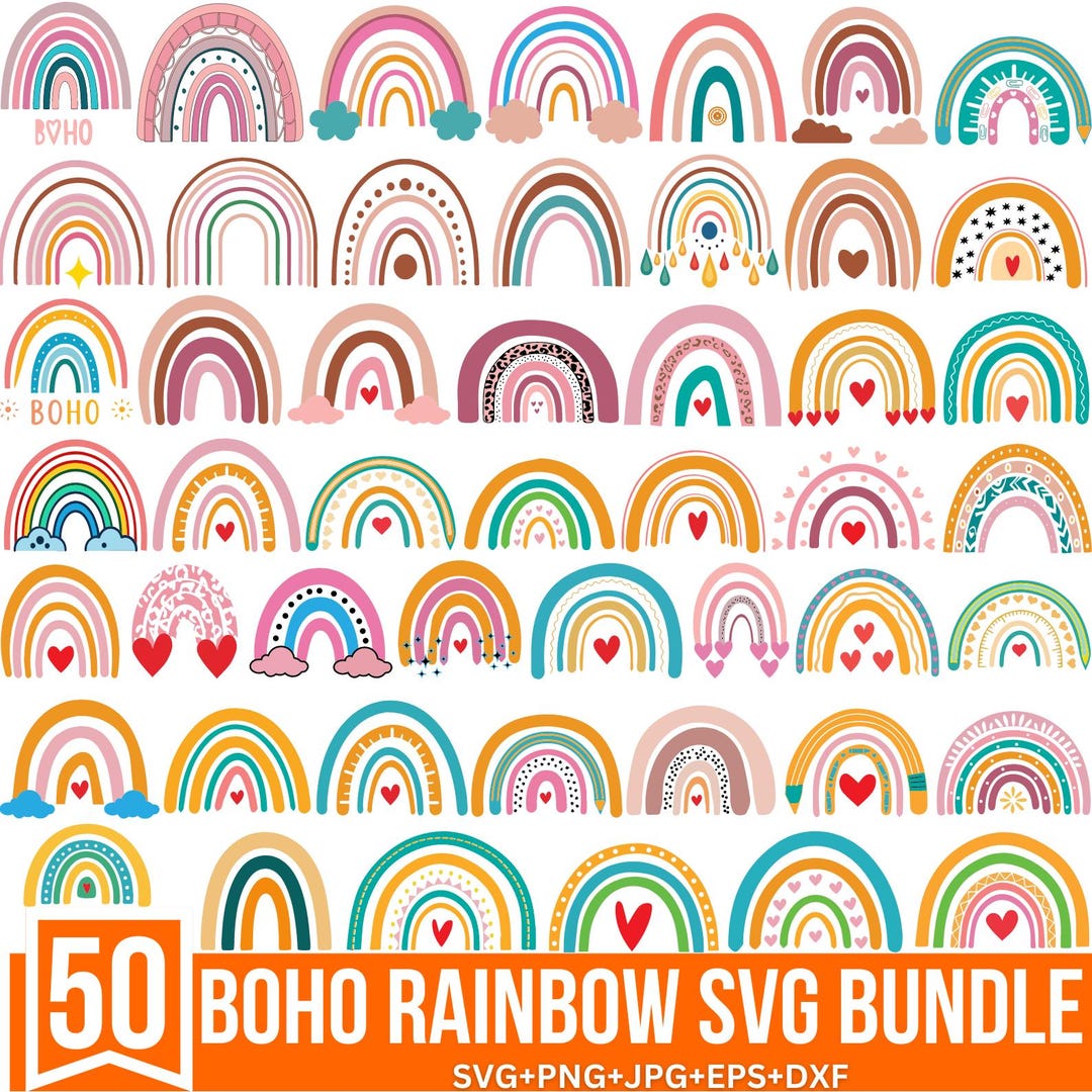 Boho Rainbow SVG Bundle, Clipart, Hand Drawn Stickers (digital Download ...