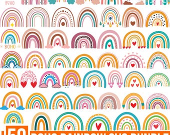 Boho Rainbow SVG-bundel, clipart, handgetekende stickers (digitale download