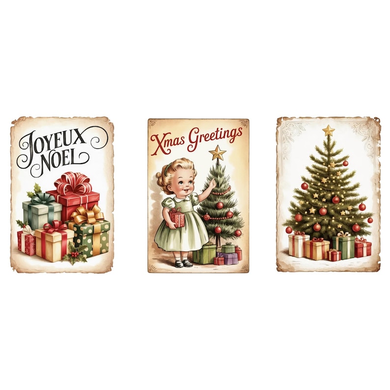 以下が含まれることがあります： 3枚のヴィンテージスタイルのクリスマスカードのセットです。「Joyeux Noel」と書かれたギフト付きのカード、子供とクリスマスツリーが描かれた「Xmas Greetings」と書かれたカード、装飾されたクリスマスツリーとギフトが描かれたカードです。