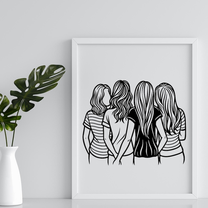 以下が含まれることがあります： 4人の女性が一緒に立っている、黒と白の線画イラスト。彼らはすべて、ストライプのシャツ、無地のシャツ、長袖のシャツなど、異なるスタイルの服を着ています。女性たちは寄り添っており、親密な友情を暗示しています。