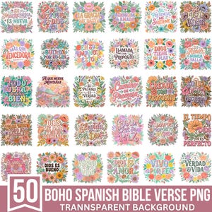 May include: A collection of 50 digital graphic designs featuring Spanish Bible verses surrounded by colorful floral illustrations. Each square image displays unique typography and botanical motifs in various vibrant colors on a transparent background.