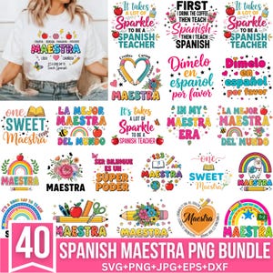 Op de afbeelding: Een verzameling van 40 Spaanse Maestra PNG-ontwerpen. De ontwerpen bevatten kleurrijke tekst en afbeeldingen, waaronder appels, potloden, regenbogen en de woorden "Maestra" en "Spanish Teacher". De bundel bevat SVG-, PNG-, JPG-, EPS- en DXF-bestanden.