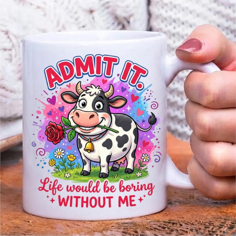 Pode incluir: Uma caneca de cer&acirc;mica branca com uma vaca de desenho animado segurando uma rosa vermelha na boca. O texto diz ADMIT IT. Life would be boring WITHOUT ME. O design inclui salpicos de tinta colorida, cora&ccedil;&otilde;es e flores sobre a relva.