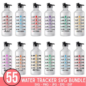 以下が含まれることがあります： 黒い蓋が付いた11本のウォーターボトルのコレクション。それぞれに、色分けされた水分摂取量トラッカーが付いています。ボトルには午前8時から午後6時までの時間マーカーがあり、一部には「Refill」の文字があります。画像には「55 WATER TRACKER SVG BUNDLE」というテキストも含まれています。