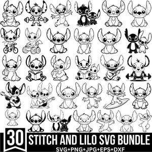 Paquete de Svg de Stitch y Lilo, Svg de Stitch, Svg de pareja de Stitch, Svg de ángel, Svg de Ohana, Svg de dibujos animados, Clipart de Stitch y Lilo, Cricut, Silueta