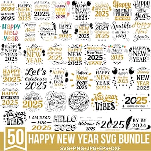 新年おめでとう SVG バンドル、新年の名言 SVG、大晦日 SVG、新年の服装 SVG、乾杯 2024 SVG、Cricut 用カット、シルエット