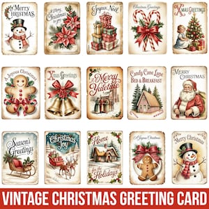 May include: A collection of vintage Christmas greeting cards with various festive illustrations. The cards feature images of snowmen, Santa Claus, gingerbread men, candy canes, and holiday scenes, with text such as "Merry Christmas" and "Season's Greetings".