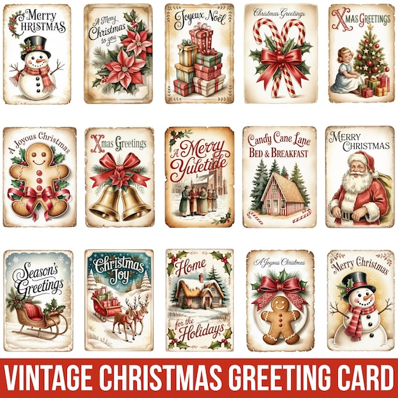 Vintage Christmas Greeting Card Bundle, Retro Holiday Printable Cards, Old-Fashioned Xmas Postcards, Antique Christmas Ephemera Set