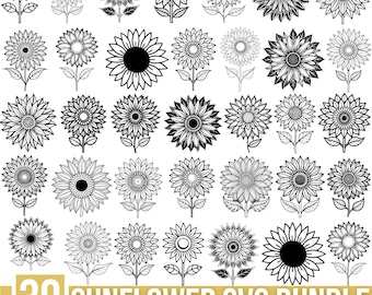 Solros SVG-paket, blommig clipart, Cricut- och silhuettklippfiler