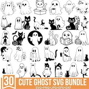 May include: A set of 30 black and white SVG cut files featuring cute ghost illustrations with various Halloween themes, including cats, pumpkins, bats, and the word "BOO".