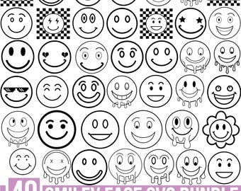 Smiley Face Svg Bundle, Happy Face Svg, Hippie Boho Svg, Groovy Svg, Retro Svg, Emoji Svg, Trendy Svg, Cute Smiling Face Svg, For Cricu