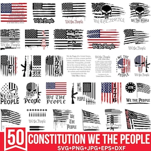 Może przedstawiać: Zbiór 50 patriotycznych wzorów z flagą amerykańską, frazą "We the People" i innymi powiązanymi grafikami. Zawiera obrazy karabinów, czaszek i numeru 1776. Dostępne w formatach SVG, PNG, JPG, EPS i DXF.