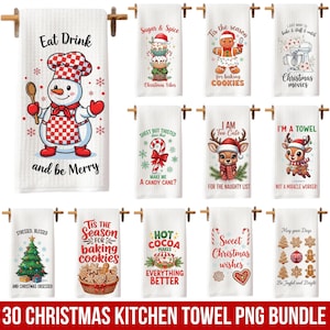 May include: A selection of white kitchen towels with Christmas designs. Each towel has festive images such as snowmen, gingerbread people, and reindeer, alongside seasonal phrases. The towels are hung on wooden towel rails.