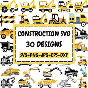 Könnte beinhalten: Eine Sammlung von 30 SVG-Designs zum Thema Bau. Das Bild zeigt verschiedene gelbe und schwarze Baufahrzeuge, darunter Bagger, Muldenkipper und Kräne. Der Text auf dem Bild lautet "CONSTRUCTION SVG 30 DESIGNS".