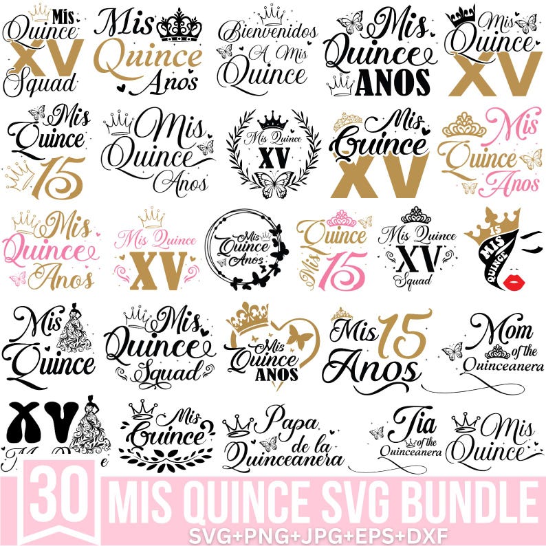 K&ouml;nnte beinhalten: Eine Sammlung von 30 Mis Quince SVG-Designs. Die Designs zeigen Kronen, Schmetterlinge und die Zahl 15, mit S&auml;tzen wie "Mis Quince A&ntilde;os" und "Quince Squad". Das Bundle enth&auml;lt SVG-, PNG-, JPG-, EPS- und DXF-Dateien.