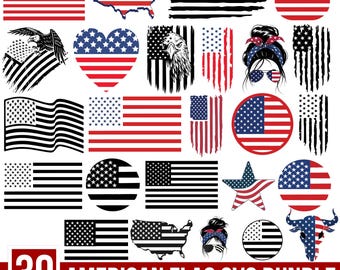 May include: A set of 30 American flag SVG designs in various styles, including a heart, a star, a bull skull, and a woman with a bun. The text "30 AMERICAN FLAG SVG BUNDLE" is at the bottom of the image. The text "SVG+PNG+JPG+EPS+DXF" is below the main text.
