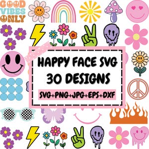 Happy Face Svg Bundle, Daisy Flower Svg, Hippie Boho Svg, Retro Svg, Groovy Svg, Retro Shirt Svg, Cut For Cricut, Silhouette