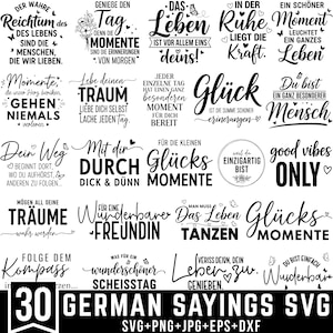 Puede incluir: Una imagen que presenta 30 frases alemanas en negro, con elementos decorativos como corazones y mariposas. El texto incluye las palabras "30 GERMAN SAYINGS SVG" en la parte inferior. Las frases están en varias fuentes elegantes.