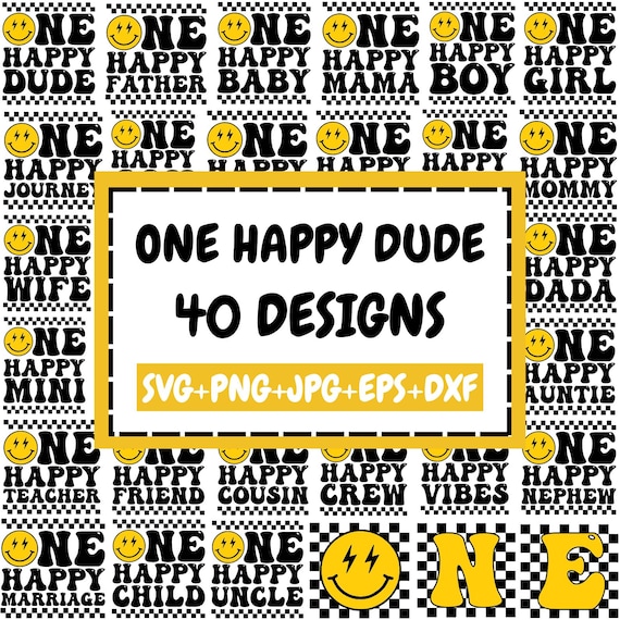 One Happy Dude Matching Birthday Svg Bundle, One Happy Family Png, First Birthday Boy Girl Svg, Birthday Family Png, Retro Smiley Face Svg