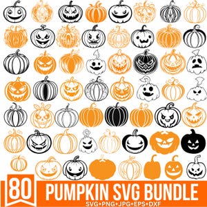May include: A set of 80 black and orange pumpkin SVG cut files. The pumpkins have different facial expressions and designs.  The text "80 PUMPKIN SVG BUNDLE" is at the bottom of the image.  SVG+PNG+JPG+EPS+DXF