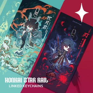 May include: Two linked keychains featuring anime characters from the video game Honkai Star Rail. The keychain on the left features a character with blue hair and a blue and white outfit, with a background of blue and green clouds. The keychain on the right features a character with blue hair and a black and red outfit, with a background of red and black clouds. The text "Honkai Star Rail Linked Keychains" is printed at the bottom of the image.
