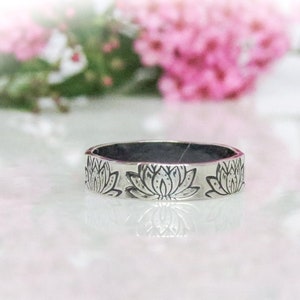 Sterling Silver Lotus Pattern Band. Wide Floral Ring. Simple Engraved Thumb Ring. Hand Stamped Flower Ring. Botanical Ring. Decorative Band