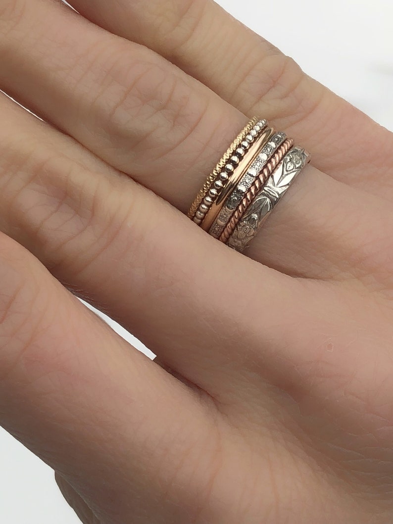 Skinny Assorted Spacer Rings Set of 6 Stacking Rings 14 K Gold Rose Gold filled and Sterling Silver Thin Rings Dainty Pattern Rings