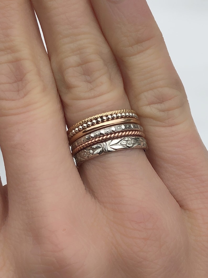 Skinny Assorted Spacer Rings Set of 6 Stacking Rings 14 K Gold Rose Gold filled and Sterling Silver Thin Rings Dainty Pattern Rings