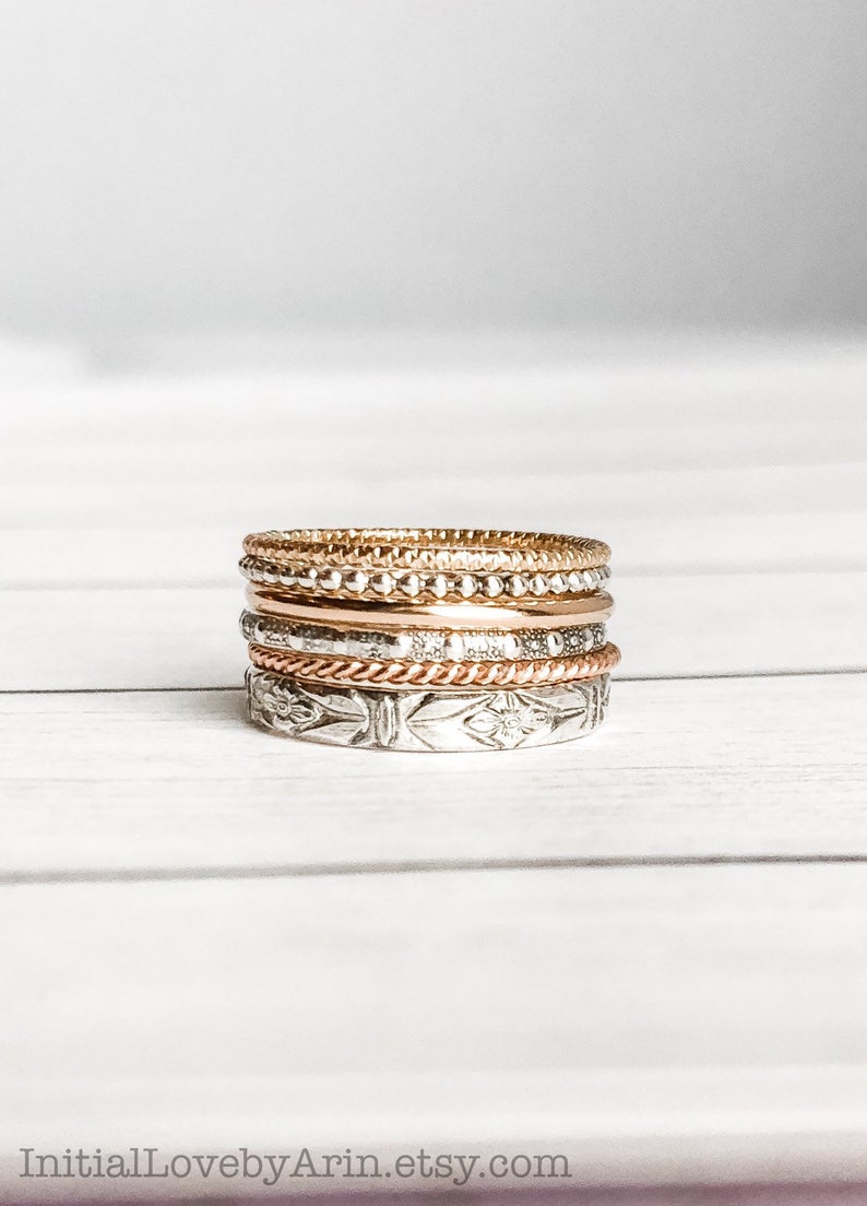 Skinny Assorted Spacer Rings Set of 6 Stacking Rings 14 K Gold Rose Gold filled and Sterling Silver Thin Rings Dainty Pattern Rings
