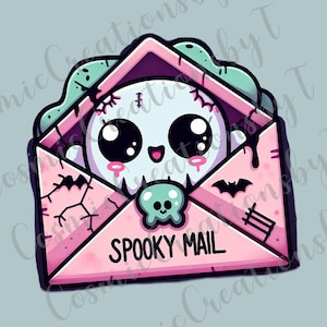 Cute Spooky Mail: kawaii zombie-envelop met schedel- en vleermuisontwerp, png