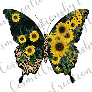 Sunflower Leopard Butterfly Clipart - Vibrant Floral and Animal Print Digital PNG for Sublimation and DIY Crafts