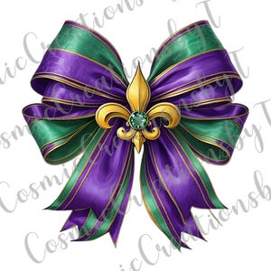 Mardi Gras Fleur De Lis Bow PNG - Purple and Green Ribbon Clipart - Digital Download