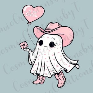 Linda vaquera fantasma con globo de corazón y carta de amor PNG - Adorable arte digital del día de San Valentín occidental