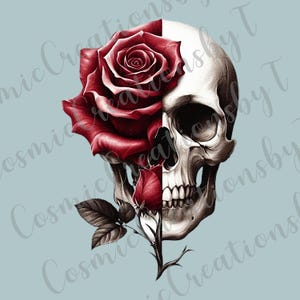 Half Skull Half Rose PNG - Gothic Floral Skull Digital Art - Digital Download