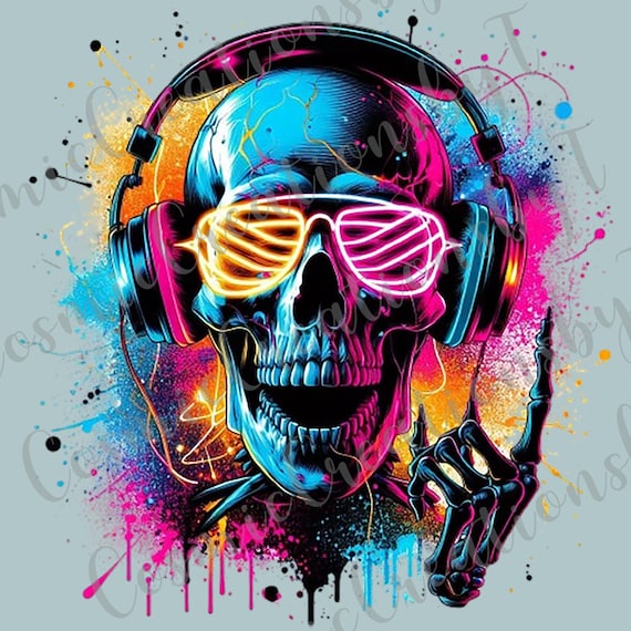Vibrant Skull With Headphones Digital Art - Colorful Music
