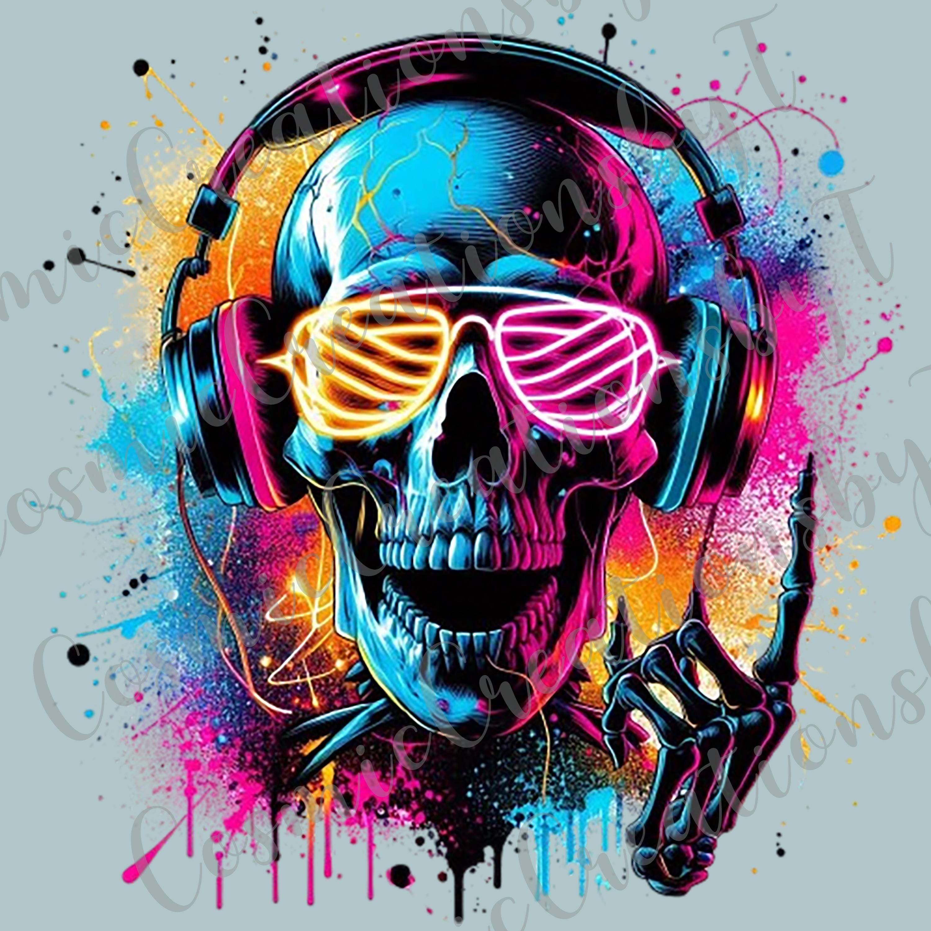 アート・デザイン・音楽 SKULL STYLE Hardcore Punk Music Artwork Vibrant Skull With Headphones